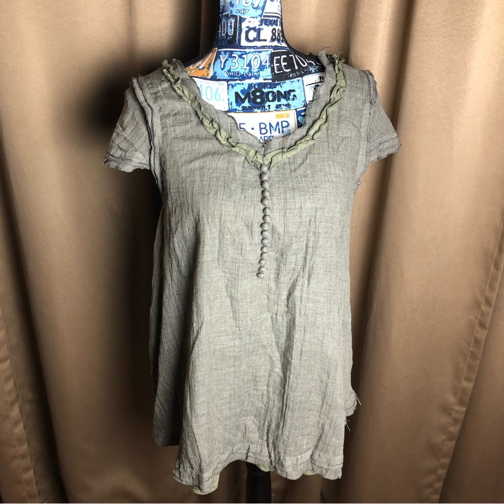 Pretty Angel Boho Hippy Linen Faux Layered Short Sleeve Shirt